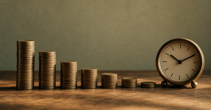 A shrinking stack of rupee coins beside a clock, representing savings losing value to inflation over time