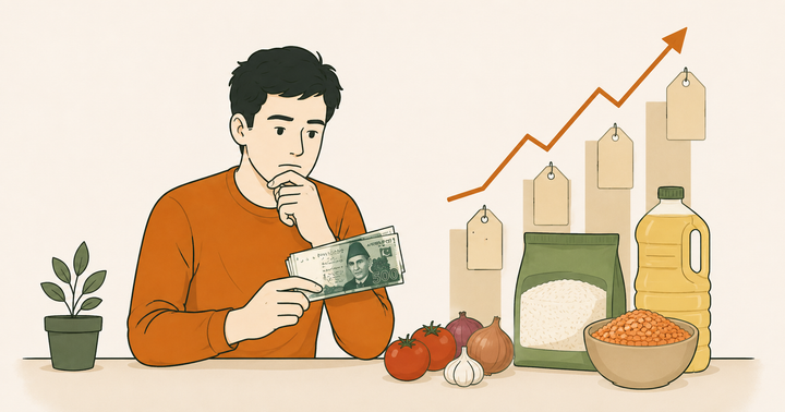 Rising price charts beside Pakistani rupee notes, representing inflation eroding money's value
