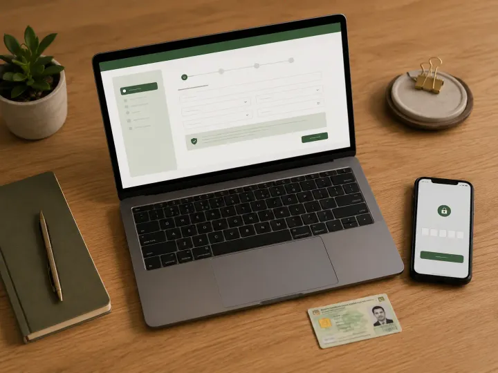 A laptop showing the FBR IRIS registration page next to a Pakistani CNIC card and a phone receiving an OTP code