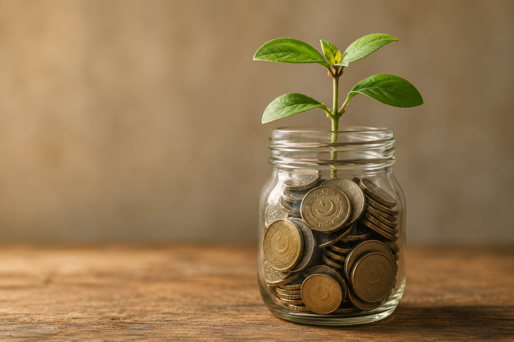 A small plant growing from a jar of coins, representing how compounding grows money over time