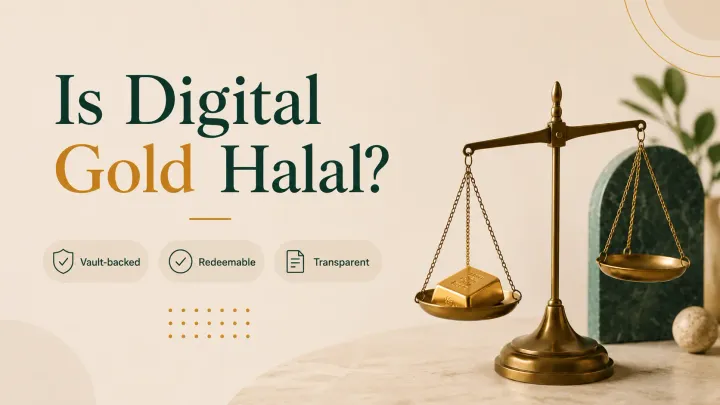 A balance scale weighing a small gold bar, representing weighing the Shariah compliance of digital gold in Pakistan